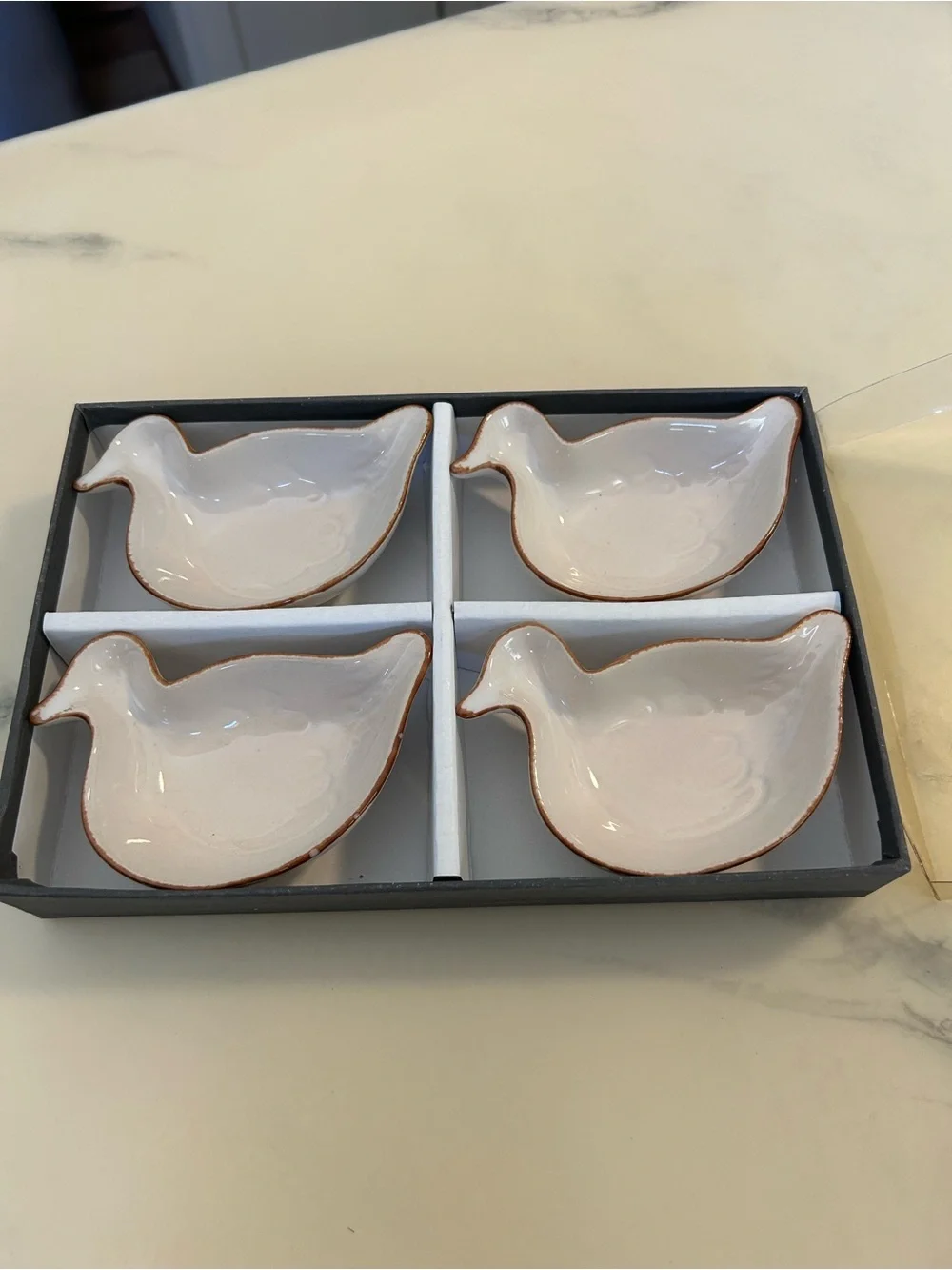 Set of 4 White Ceramic Duck shaped Dipping Dishes with Rusti Brown Rim
